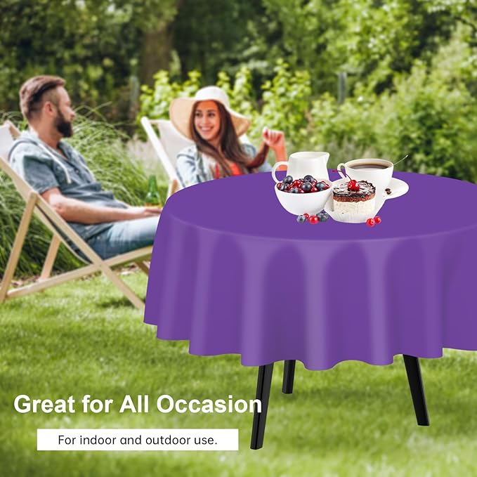 QIKSION Purple Round Tablecloth 12 Pack, 84 Inch Plastic Table Cover Disposable for Parties
