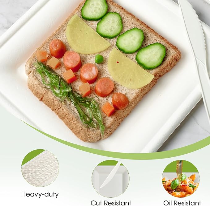 ECOLipak 150 Pieces Compostable Square Paper Plates, 10 inch Heavy Duty Disposable Plates, Eco-friendly Biodegradable Sugarcane Bagasse Plates for Party Dinner Birthday
