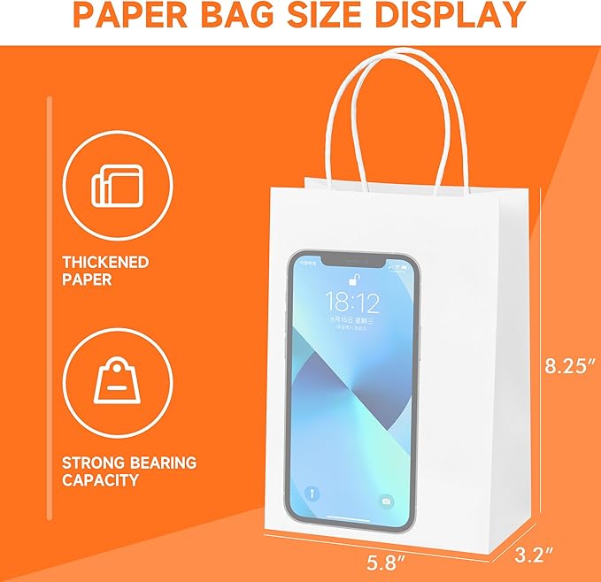 METAPRINT 50 Pack Small Gift Bags 5.8x3.2x8.25 Inch White Paper Bags with Handles Bulk, Kraft Paper Bags for Party favor, Retail, Grocery Sacks