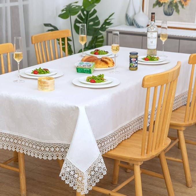 White lace Premium Rectangle Farmhouse Tablecloth Waterproof OilProof SpillProof AntiShrink Soft Wrinkle Resistant Decorative Fabric Table Cover Kitchen Dinning Party Wedding Banquet