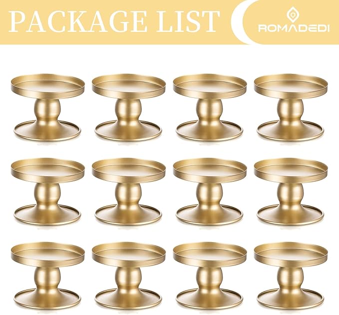 Candle Holders for Pillar Candles, Romadedi Gold Pillar & Taper Candle Holder, Small Metal Candle Stick Candle Holder for Wedding, Dining Room Table Centerpiece, Holiday Decor, 12 Pcs