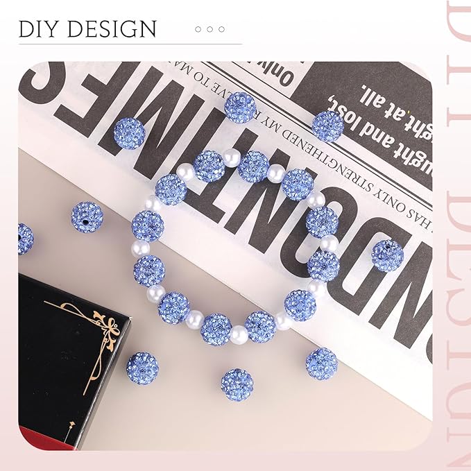 100 pcs 10mm Rhinestone Beads for Jewelry Making, Light Blue Shiny Round Shamballa Disco Beads Bulk, Sparkle Crystal Clay Christmas for Bracelet Baseball Necklace Earring Crafting and DIY