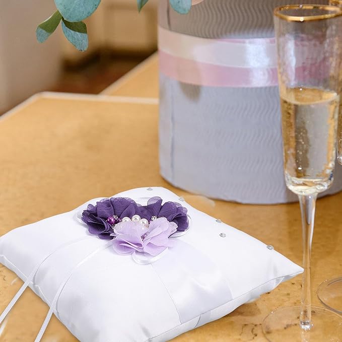PRETYZOOM Pillow Ring Bearer Wedding Ring Pillow Wicker Flower Crown Decorative Pillows Pearl Rings Flower Girl Accessories Promise Rings for Couples Bride Vintage Jewelry Purple Lovers