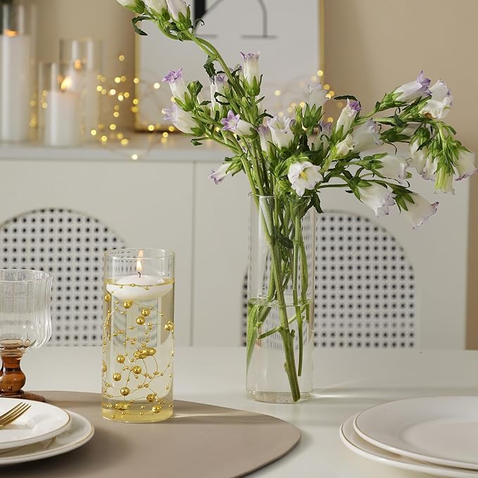 Set of 12 Glass Cylinder Vases for Centerpieces with 8 Pack Vase Filler 12 Pearl String 24 White Floating Candles for Table Centerpieces for Wedding Party Home Decor 5, 6, 8 Inch