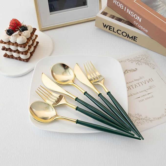 Lullaby 90PCS Gold Plastic Silverware - Utensils Plastic Disposable with Green Handles, Gold Plastic Cutlery with 30 Knives, 30 Forks, 30 Spoons, Ideal for Wedding, Party, Gathering, Daily Use