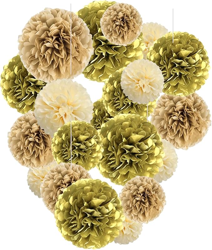 Capesaro Gold Paper Pom Poms - Tissue Pom Poms Decorations for Party Wedding Hanging Decor - 15 Piece Set, Variety Pack