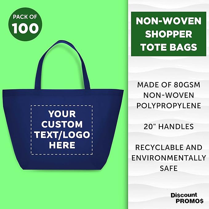 DISCOUNT PROMOS Custom Southern Style Grocery Tote Bags Set of 100 - Personalized Bulk Pack, Reusable Grocery & Shopping Bags - Great for Travel, Business Promotions - Navy Blue - 20"X13"X8"