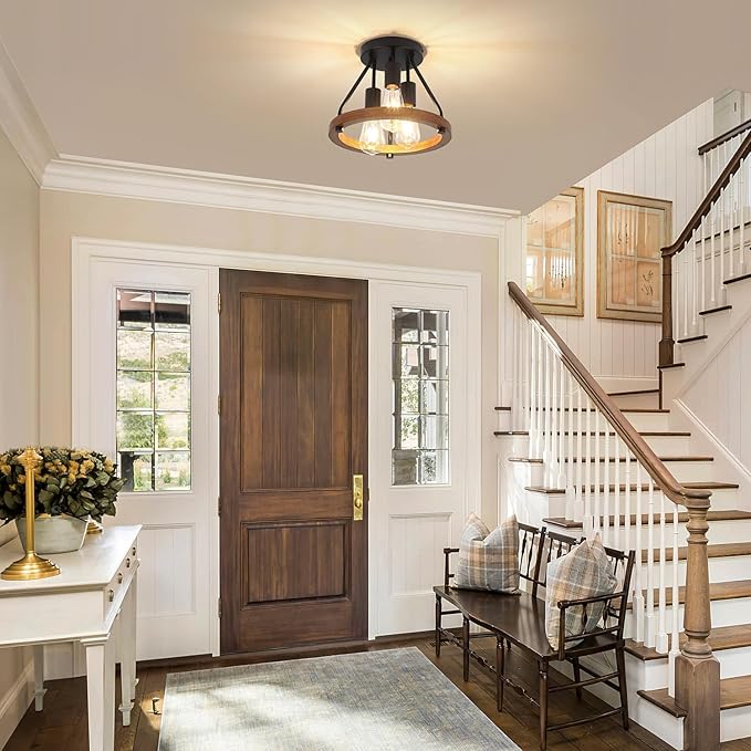 Modern Farmhouse Wood Semi Flush Mount Ceiling Light, Hallway Entryway Light Fixtures, 3-Light Rustic Industrial Ceiling Lamp for Kitchen Bedroom Dining Room Laundry Room Lighting, UL-Listed