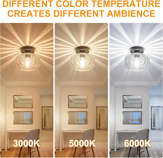Semi Flush Mount Ceiling Light with Hexagonal Diamond Textured Glass, Matte Black Base & Includes 1200LM LED Bulb - Kitchen Lighting, Hallway Light Fixture, Bathroom Ceiling Light Fixture
