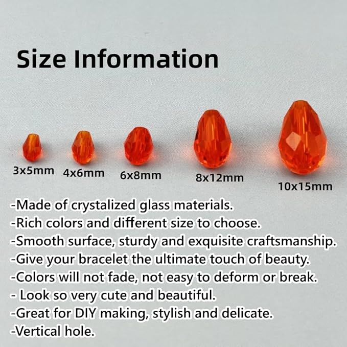 200pcs 3x5mm Teardrop Crystal Glass Beads for Jewelry Making, Faceted Vertical Hole Teardrop Glass Spacer Beads for Wind Chimes Bracelet Earring Necklace DIY Craft(Orange)