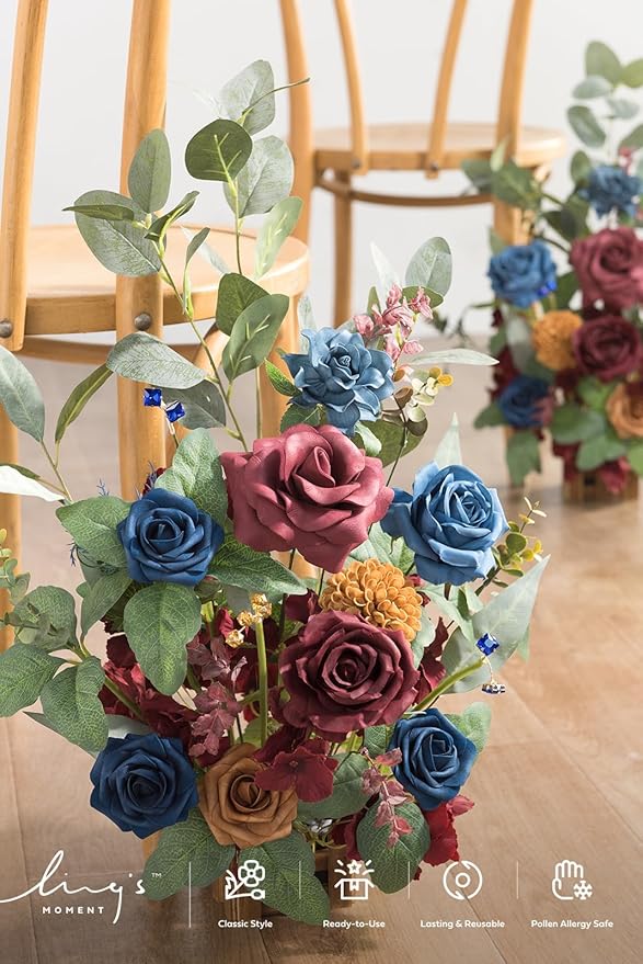 Ling's Moment 17.5" Tall Standing Artificial Flowers Arrangements 4pcs Fall Wedding Aisle Runner Chair Decorations Burgundy & Navy Blue Centerpieces for Ceremony Reception Rose Floral Party Outdoor