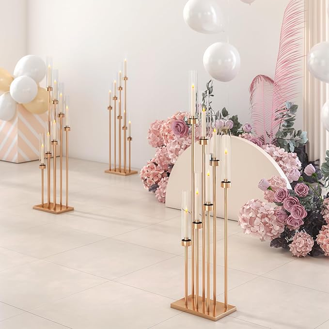 46.5'' Floor Candelabra 7 Arms Floor Candle Holders for Wedding Gold Candle Sticks Holder Decor Metal Candlestick Set with Acrylic Lampshades for Home Party (7 arm Square 46.5in)