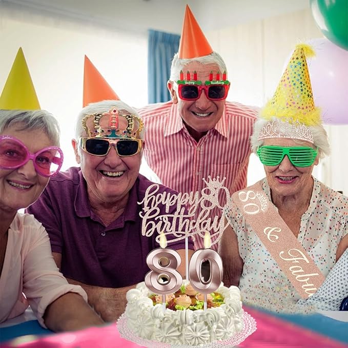 80th Birthday Decorations for Women, Including 80th Birthday Sash and Crown, Cake Topper and Candles, 80 Year Old Gifts for Women