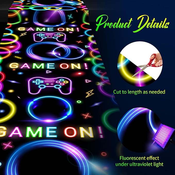 Haull 118 x 39 Inch Neon Light up Dance Floor Glow in The Dark Runner UV Reactive Blacklight Floor Aisle Runner Decor Wall Props for 80s 90s Neon Birthday Party Decorations(Game on)
