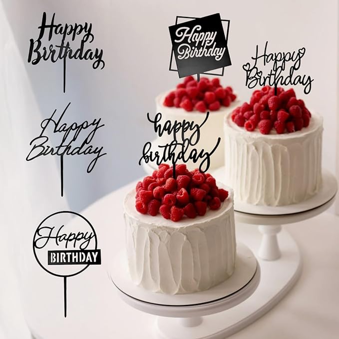 6 Pcs Black Happy Birthday Cake Toppers Set, Acrylic Cake Decoration for Birthday Party