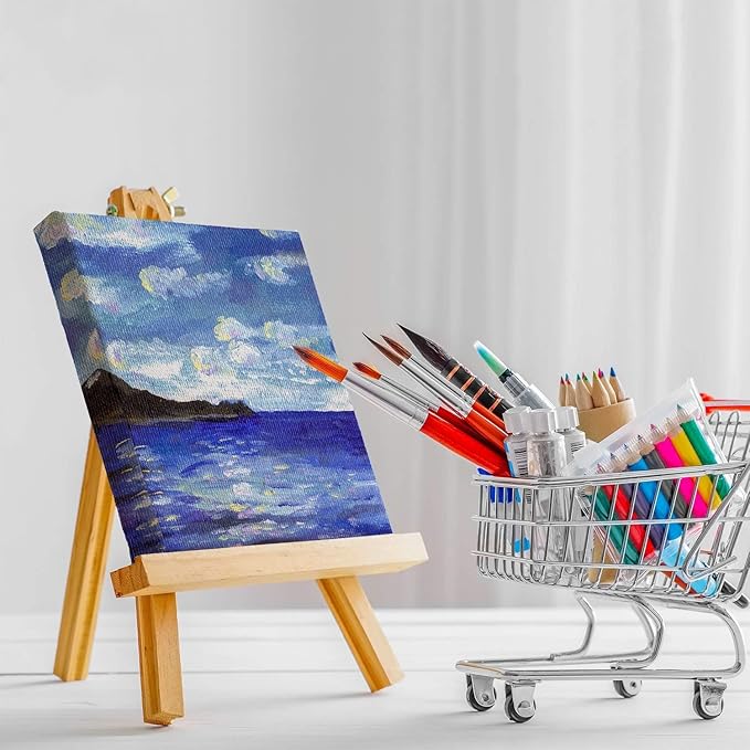 U.S. Art Supply 5" x 5" Stretched Canvas with 8" High Small Natural Wooden Easel (12 Pack), A-Frame Canvas Stand Tripod, Small Painting Easels - Tabletop Easel for Painting, Canvases, Student Crafts