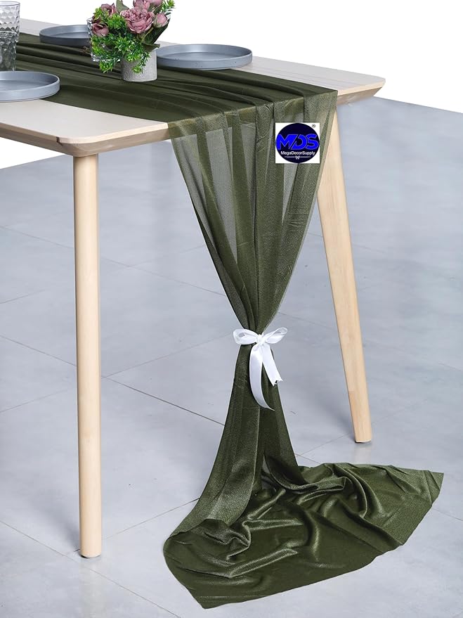MDS Halloween Chiffon Table Runner - 15 Pack, 29 x 170 Inches, 14ft Each - Sheer Spooky Table Runners for Haunted House Parties, Trick-or-Treat Tables, Witchy Décor, Wedding & Events - Olive Green