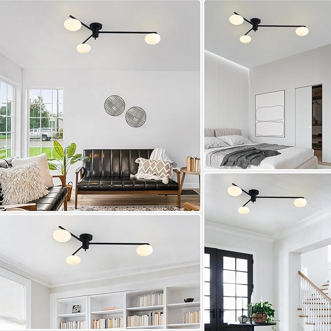 3-Light Modern Sputnik Chandelier with Milk Glass Shade - Black Flush Mount Ceiling Light for Kitchen