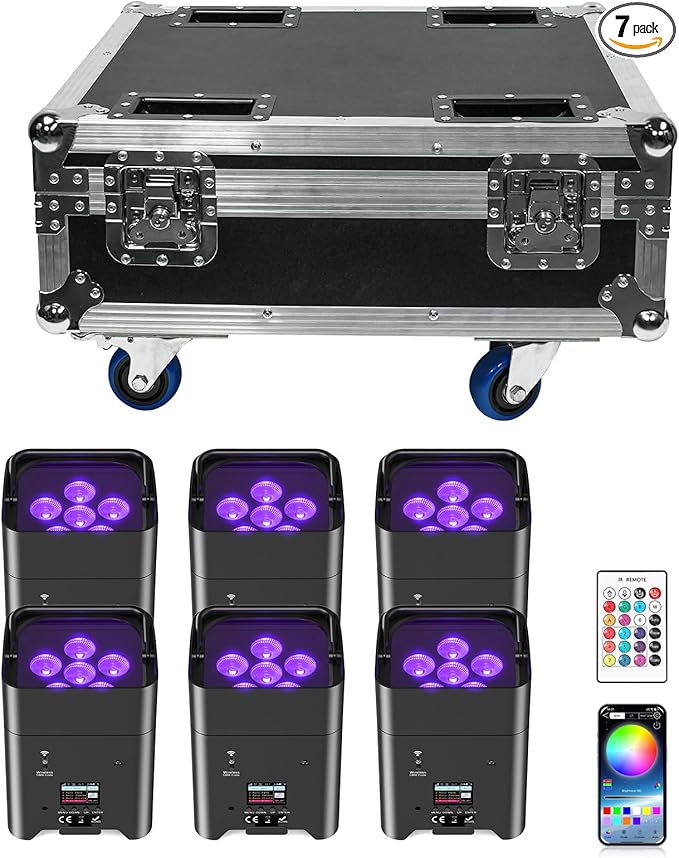9600mAh Wireless Uplights with Charging Case, 6x18W RGBWA UV Stage Lights, APP/DMX512 Controlled Par Lights, Rechargeable Battery Powered Uplights for Show, Party,Black 6 Pack