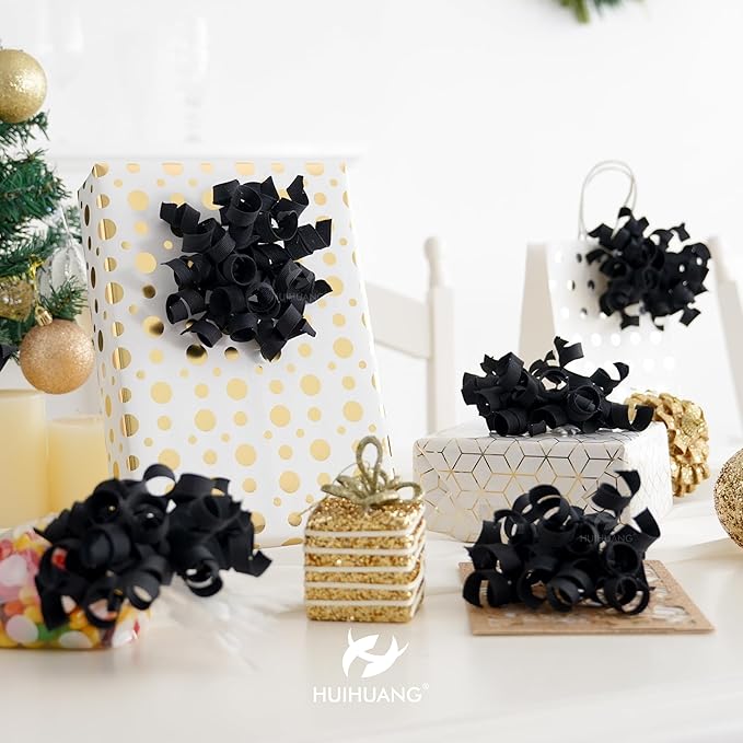 HUIHUANG Black Bows for Gift Wrapping, Black Curly Ribbon Bows Self Adhesive Burst Gift Bow for Christmas Presents, Wine Bottle, Treat Bags, Birthday, Holiday Party Favors - 6 Counts