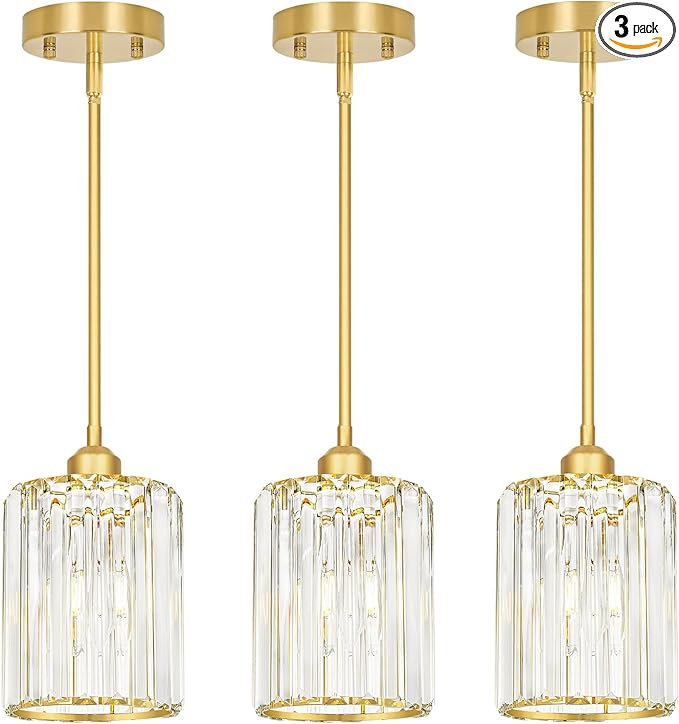 Gold Kitchen Pendant Lights Over Island with Adjustable Rods - Crystal Pendant Lighting Fixtures 3 Pack, Ideal Over Dining Table or Bar, E26 Bulb Compatible, No Electrician Needed