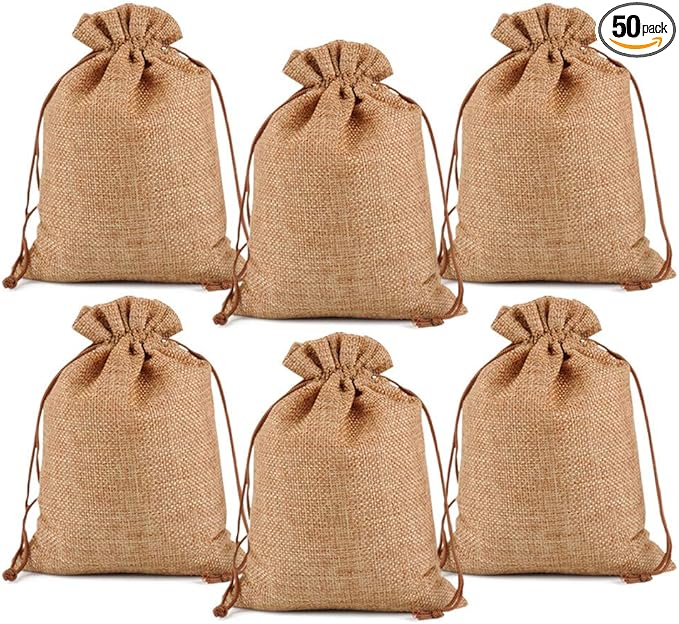 Lucky Monet 25/50/100PCS Burlap Gift Bags Wedding Hessian Jute Bags Linen Jewelry Pouches with Drawstring for Birthday, Party, Wedding Favors, Present, Art and DIY Craft (50Pcs, Coffee, 7” x 9”)