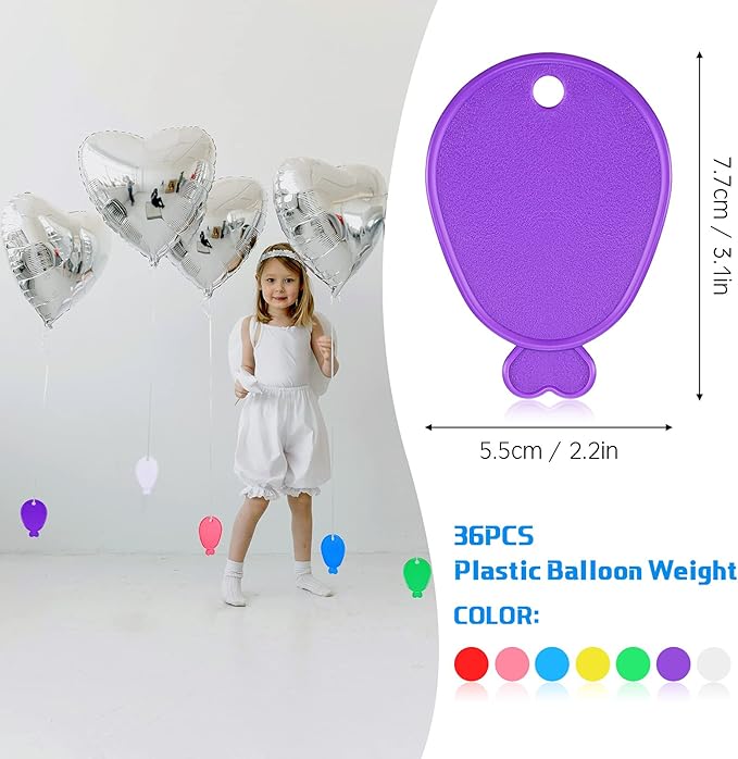 Aoriher 36 Pcs Colorful Plastic Balloon Weights Balloon Shaped Weights for Birthdays Weddings Party Holiday Celebration Decoration Supplies, White Purple Red Green Yellow Blue Pink