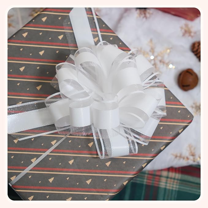6 PCS 6 Inch Organza White Pull Bows - Perfect for Gift Wrapping, Wedding Decor, Car Bows, Birthday Parties, Christmas, and Valentine's Day