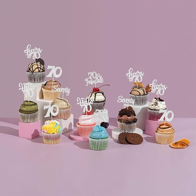 30Pcs Happy 70th Birthday Cupcake Toppers Seventy Cheers to 70 Years Old Birthday Cupcake Picks for 70th Birthday Anniversary Party Cake Decorations Supplies Silver Glitter