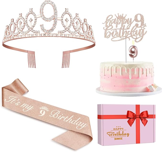 9th Birthday Decorations for Girl Including Sash, Crown, Numeral Candle and Cake Topper, 9 Year Old Girls Party Favor Supplies