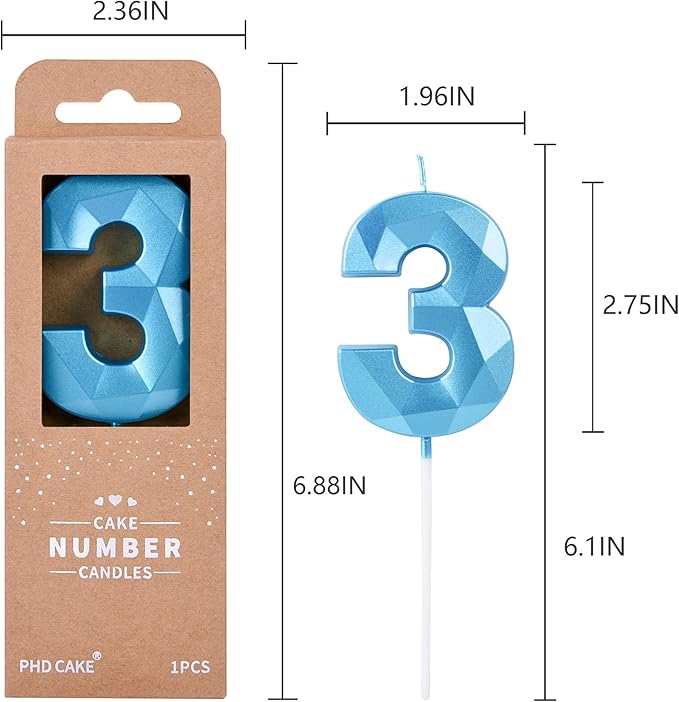 PHD CAKE 2.76 Inch Crystal Blue 3 Number Birthday Candles, Blue Number Candles, Cake Number Candles, Party Celebration