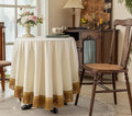 F-CHU White Tablecloth Thickset Velvet Tablecloth with Beautiful Gold Tassels Vintage Table Cloth for Home Decor Wedding, Party, Banquet and Events 60" Round