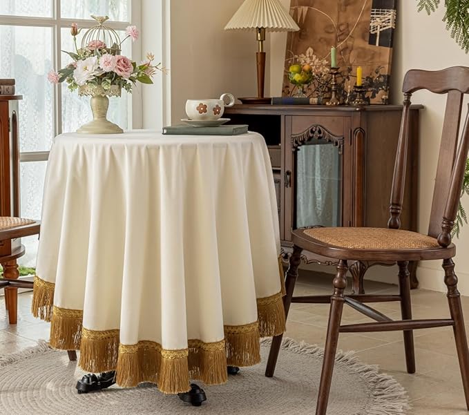 F-CHU White Tablecloth Thickset Velvet Tablecloth with Beautiful Gold Tassels Vintage Table Cloth for Home Decor Wedding, Party, Banquet and Events 60" Round