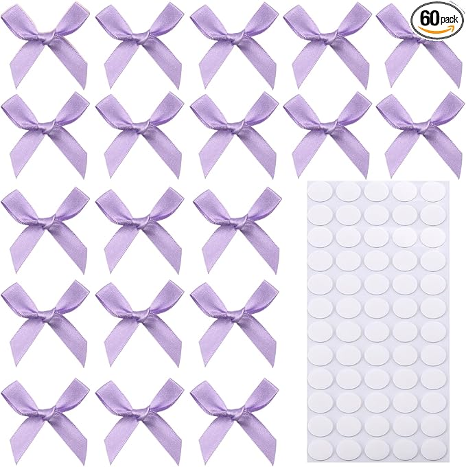 60pcs 1.7" Mini Lavender Ribbon Bows Decor – Small DIY Satin Light Purple Bows for Crafts, Little Bows for Gift Wrapping, Tiny Bow Stickers for Note Card Baby Shower cake and Candle Decorations