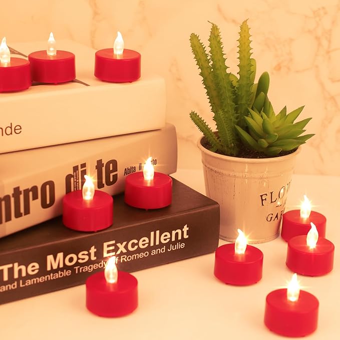 LED Tea Lights Candles- 24PACK Red Flameless Candles Realistic and Bright Flickering Long Lasting 200Hours for Holiday Celebration,Party, Home Decoration,Battery Operated