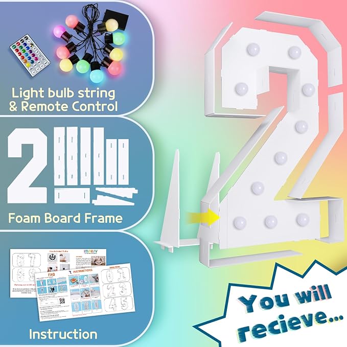 imprsv 4FT Colorful Marquee Numbers,18 Colors Number 2 with Remote, Light Up Numbers Sign for 20th Birthday Decorations Anniversary Party Decor, Pre-Cut Foam Board Kit, Mosaic Sign for Balloon