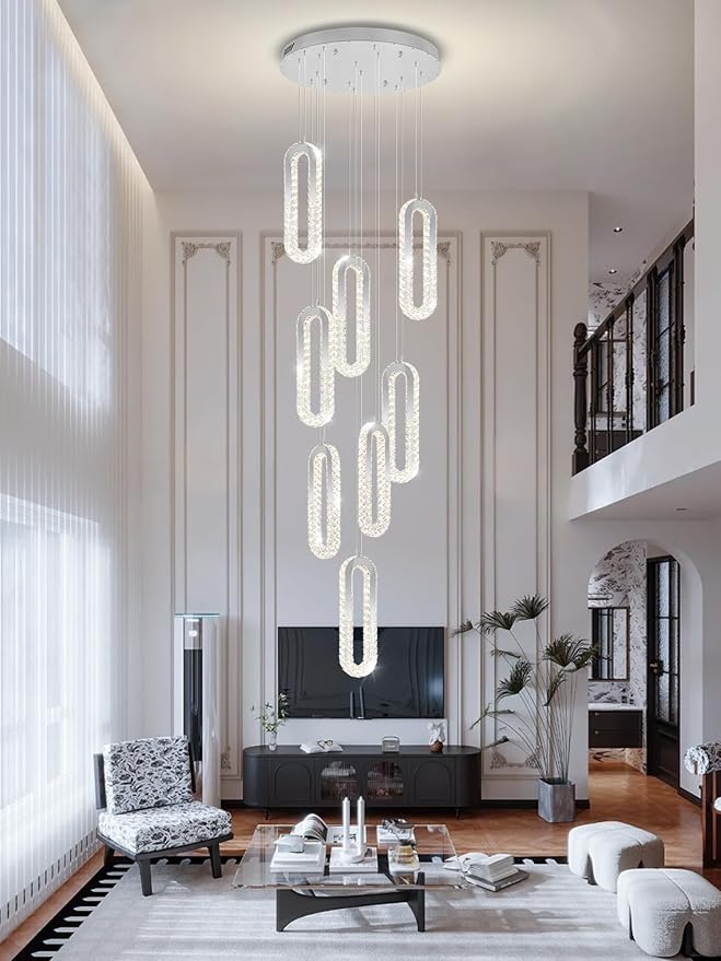 8 Rings Crystal Chandelier,H 118" Modern Silver Pendant Light Luxury Foyer Lighting Fixture High Ceiling Chandelier for Entryway,Staircase,Living Room,Villa LED Dimmable 2700K-6000K