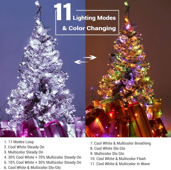 BrizLabs Color Changing Christmas Lights, 180ft 500 LED with Remote, 11 Modes Cool White & Colored Outdoor/Indoor Xmas Tree Lights