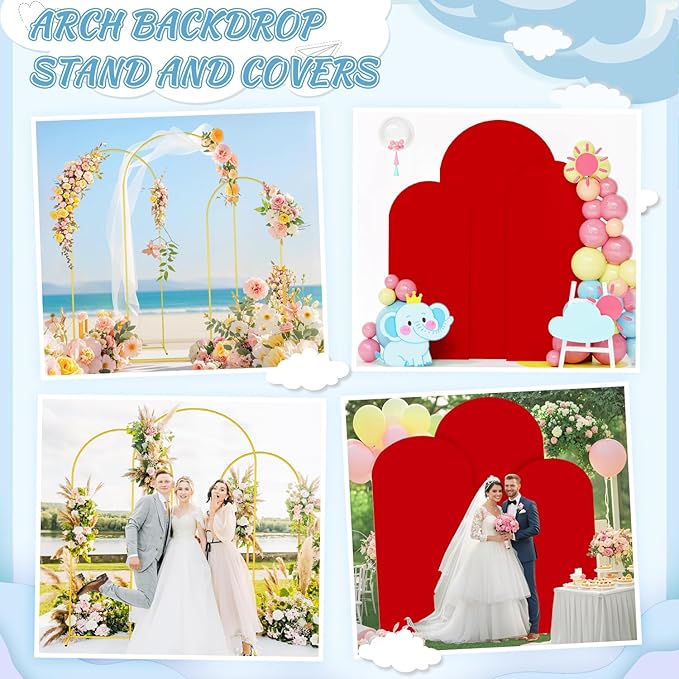 FOTSHARER Metal Arch Backdrop Stand and Cover 6&6.6&7.2FT Red Arch Covers Stretchy Backdrop Balloon Arch Stand Set of 3 Wedding Arch Stand and Cover Set for Baby Shower Graduation Party Ceremony Decor