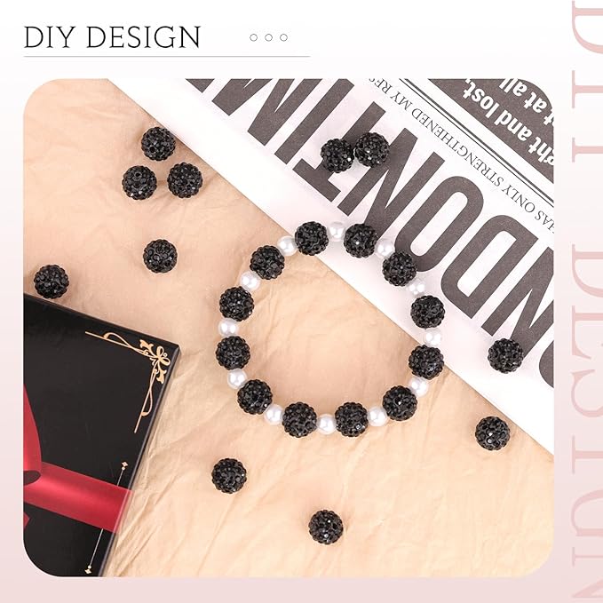 100 pcs 10mm Rhinestone Beads for Jewelry Making, Black Shiny Round Shamballa Disco Beads Bulk, Sparkle Crystal Clay Christmas for Bracelet Baseball Necklace Earring Crafting and DIY