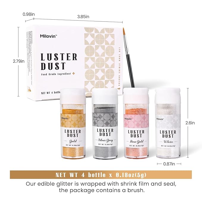 Edible Glitter for Cocktails, Luster Dust Edible, 4 Colors 5g/bottle Edible Glitter for Baking, Drinks, Cake Decorating, Cupcakes, Chocolate, Strawberries, and Waffles(Gold, Rose Gold, White, Silver)