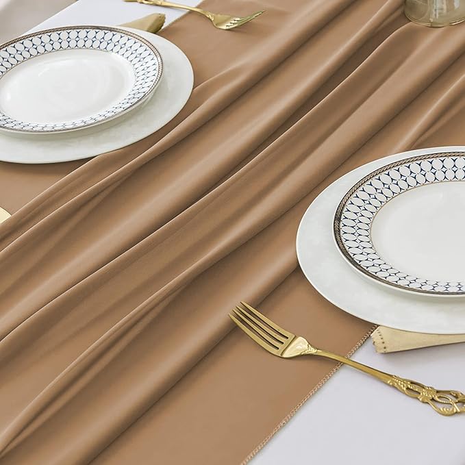 2 Pack 10 Ft Chiffon Table Runner Brown Gauze Long Table Runners 27x120 Inches Sheer Tulle Table Runner for Rustic Wedding Reception Bridal Shower Decorations Birthday Party