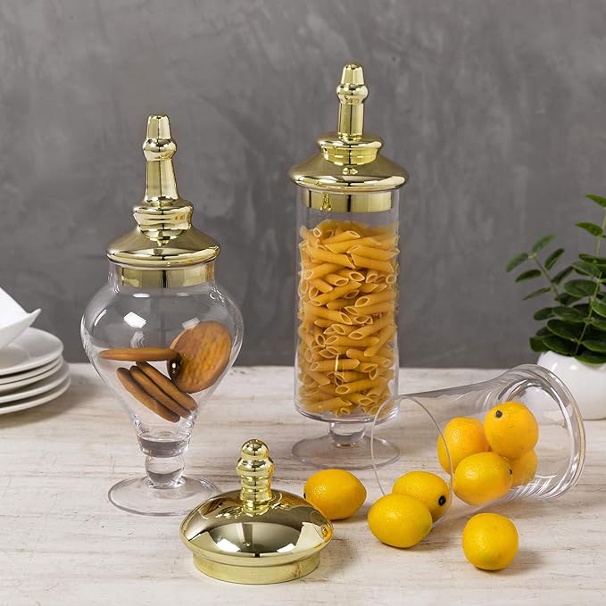 MyGift 3 Piece Set Antique Clear Glass Bathroom Apothecary Jars with Lid, Wedding Centerpiece, Kitchen Storage Jars with Metallic Brass-Tone Lids
