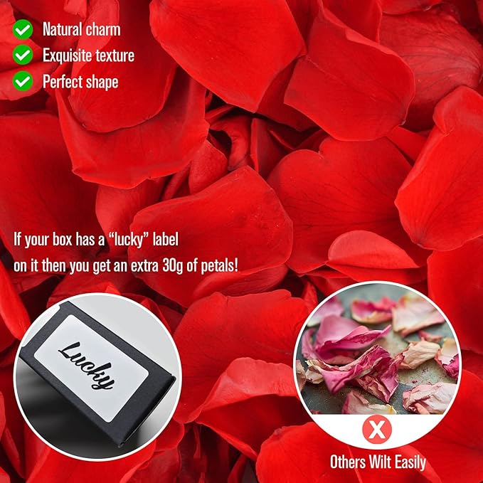 Rosaura Real Preserved Rose Petals 50g(1.75oz) for Wedding Decor, Romantic Nights - Includes Bonus Lucky Surprise Pack! (red)