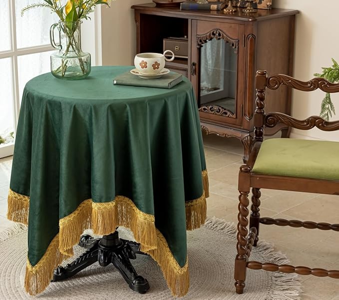 F-CHU Luxury Green Tablecloth Thickset Velvet Tablecloth with Beautiful Gold Tassels Table Cloth for Home Decor Wedding, Party, Banquet and Events 60x60-Inch