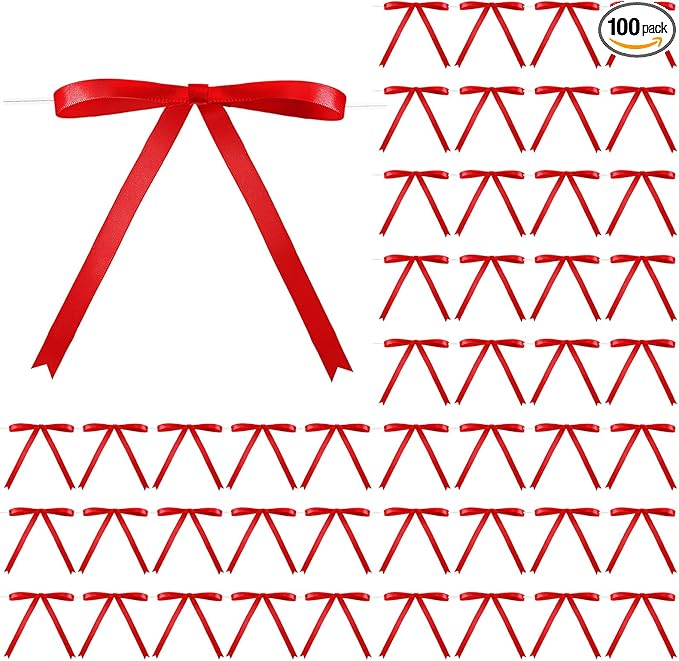 Riceshoot 100 Pcs Twist Tie Bows Bulk 5x7 Inch Satin Ribbon Bows for Gift Wrapping Cake Treat Bags Craft DIY Gift Wedding Baby Shower Birthday Party (Red)