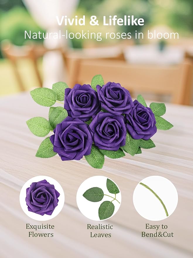 N&T NIETING Artificial Flowers 50pcs Real Looking Dusty Purple Foam Fake Roses with Stems for DIY Wedding Bouquets Bridal Shower Centerpieces Arrangements Party Tables Decorations
