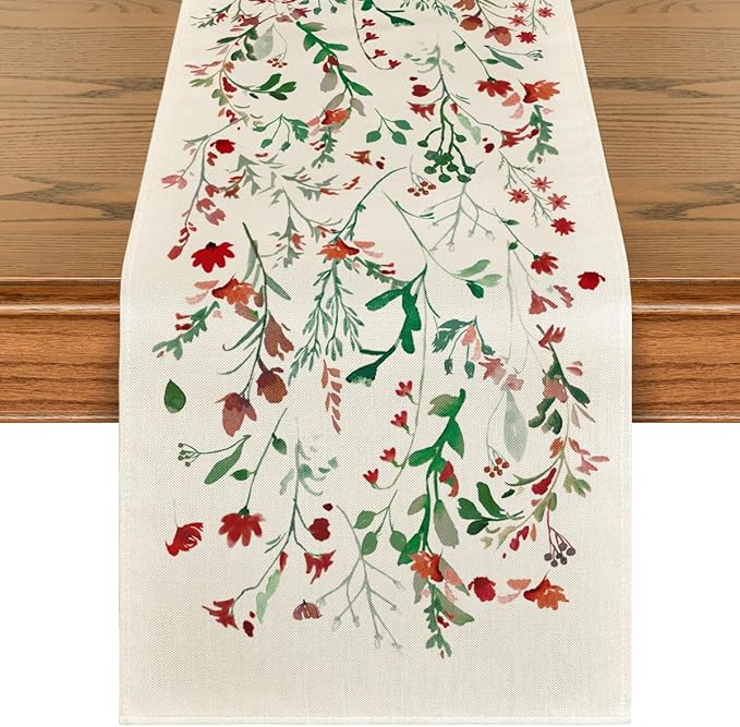 Artoid Mode Floral Leaves Christmas Table Runner, Wild Flowers and Grasses Winter Kitchen Dining Table Decoration for Home Party Decor 13x36 Inch