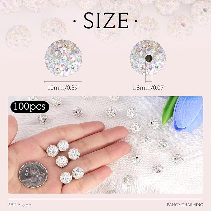 100 pcs 10mm Rhinestone Beads for Jewelry Making, Crystal AB Shiny Round Shamballa Disco Beads Bulk, Sparkle Crystal Clay Christmas for Bracelet Baseball Necklace Earring Crafting and DIY