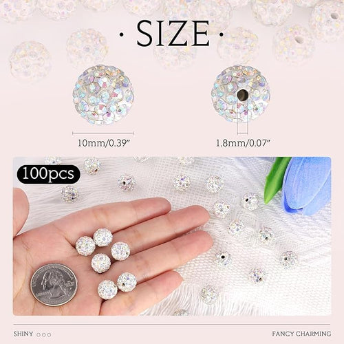 100 pcs 10mm Rhinestone Beads for Jewelry Making, Crystal AB Shiny Round Shamballa Disco Beads Bulk, Sparkle Crystal Clay Christmas for Bracelet Baseball Necklace Earring Crafting and DIY